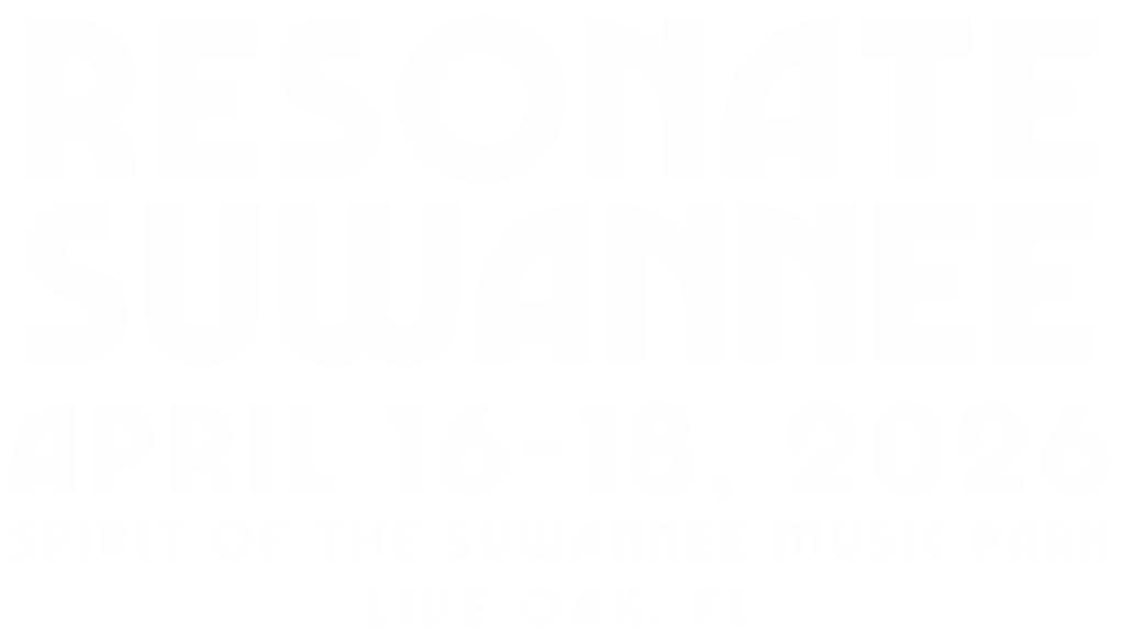 Resonate Suwannee logo with the dates april 16-18, 2026. spirit of suwannee music park, live oak, FL